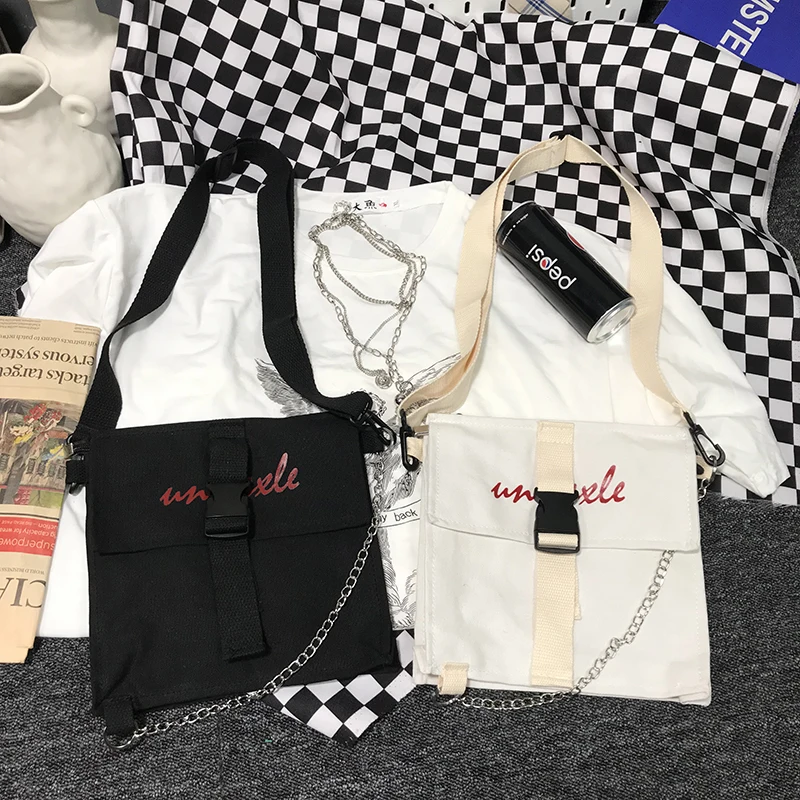 Летняя новинка, ulzzang, Harajuku, уличная, хип-хоп, на цепочке, Холщовая Сумка, женская, модная, простая, на молнии, повседневная, женская сумка-мессенджер