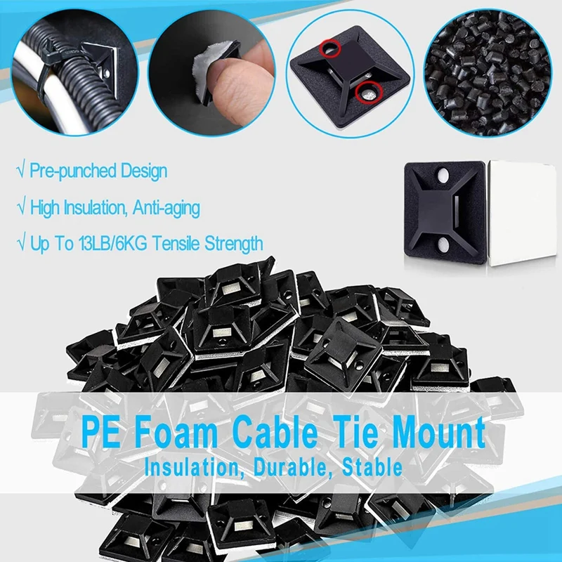 120 шт. черный 8-дюймовый держатель для кабельных стяжек на молнии самоклеящийся