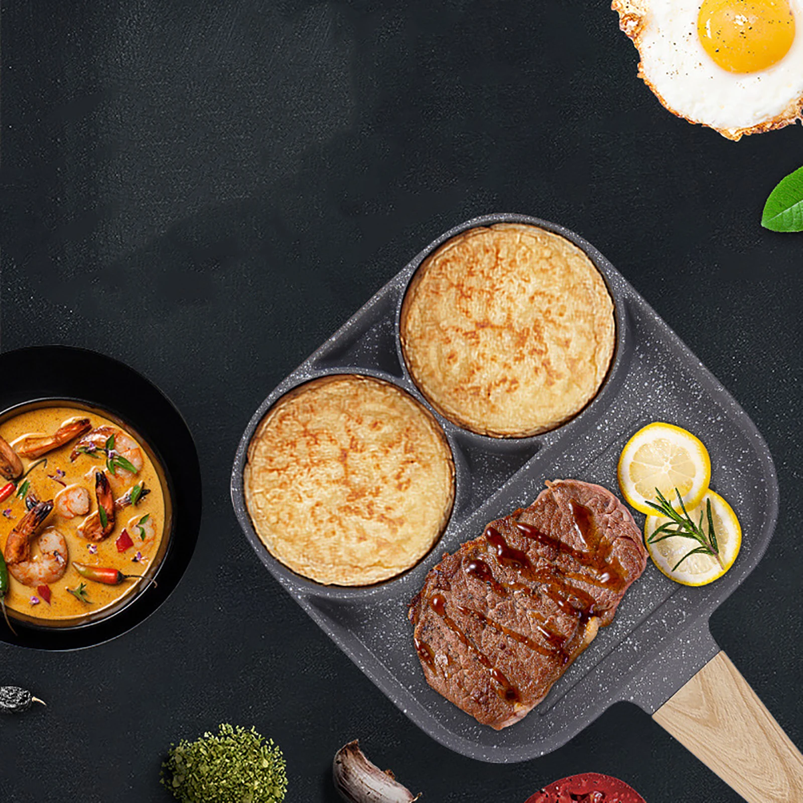 

2/4 Hole Medical Stone Frying Pan Pot Wooden Handle Omelette Tray Steak Ham Egg Pancake Kitchen Cooking Breakfast Maker Cookware