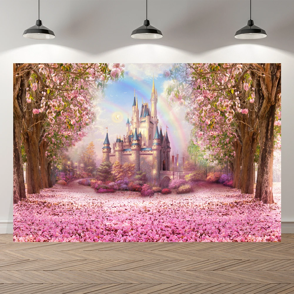 

NeoBack Spring Pink Sakura Fairy Tale Castle Birthday Banner Children Photocall Backgrounds Photo Studio Photography Backdrop