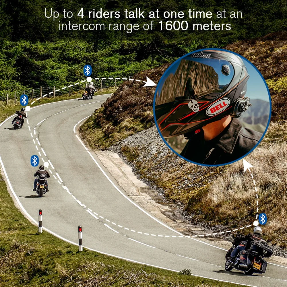 LEXIN FT4 2pcs Motorcycle 4-Way Bluetooth Conference Intercom Headset BT Intephones with FM Radio Trim Light Design