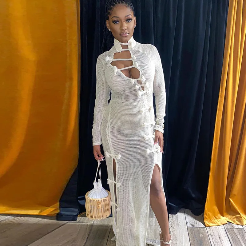 

Sexy Party Club Bodycon Dresses for Women 2021 Autumn Solid Long Sleeve Fishing Net Hollow Out Slit Midi Dress Female Vestidos
