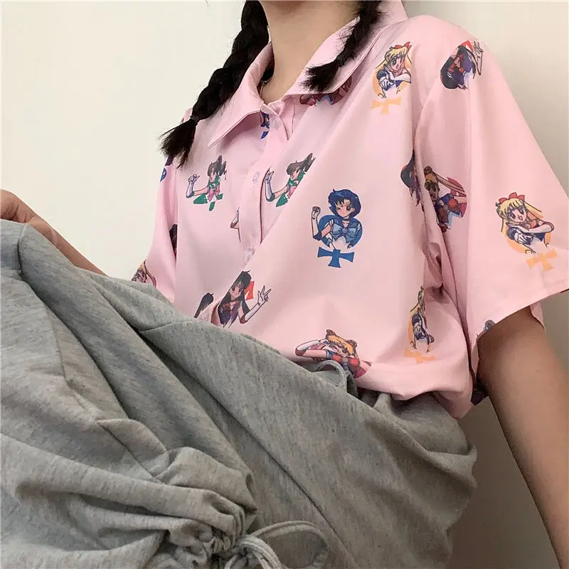 Розовые рубашки с коротким рукавом в стиле аниме Сейлор Мун футболка Харадзюку