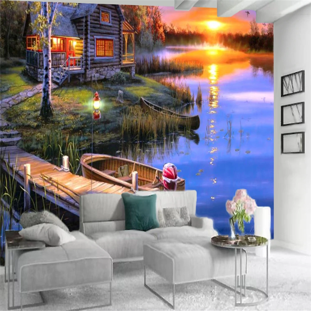 

3d Wallcovering Wallpaper Beautiful Lake Wooden House Scenery Under the Red Sunset Living Room Bedroom Painting Mural Wallpapers