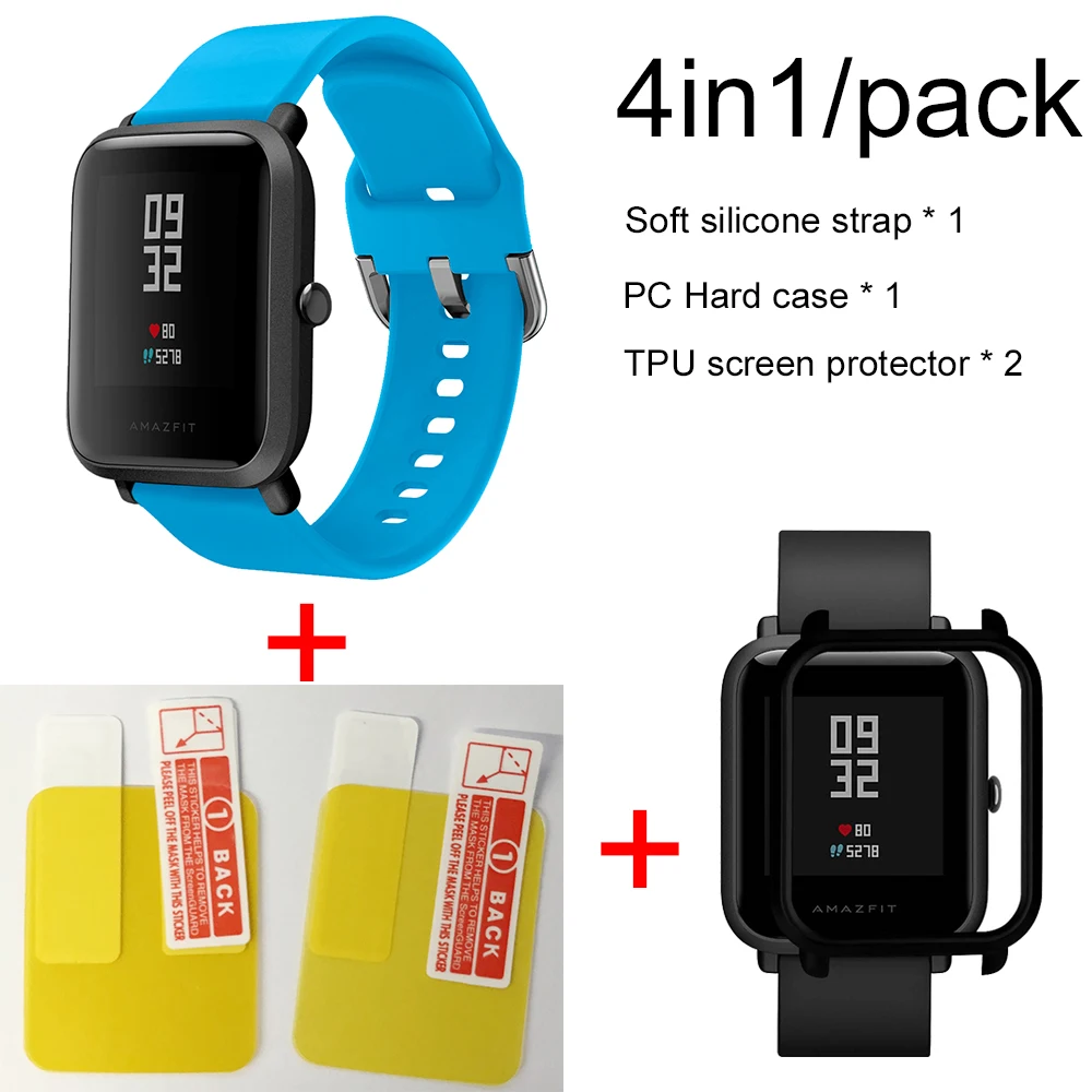 4в1 силиконовый ремешок спортивный браслет чехол для Xiaomi Huami Amazfit Bip BIT умные часы аксессуары - Цвет: Sky blue-Black case