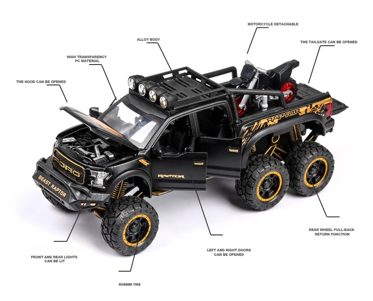 Hot 1:28 scale wheels Ford F150 Raptor metal model with light and sound Pickup truck diecast car pull back alloy toy collection