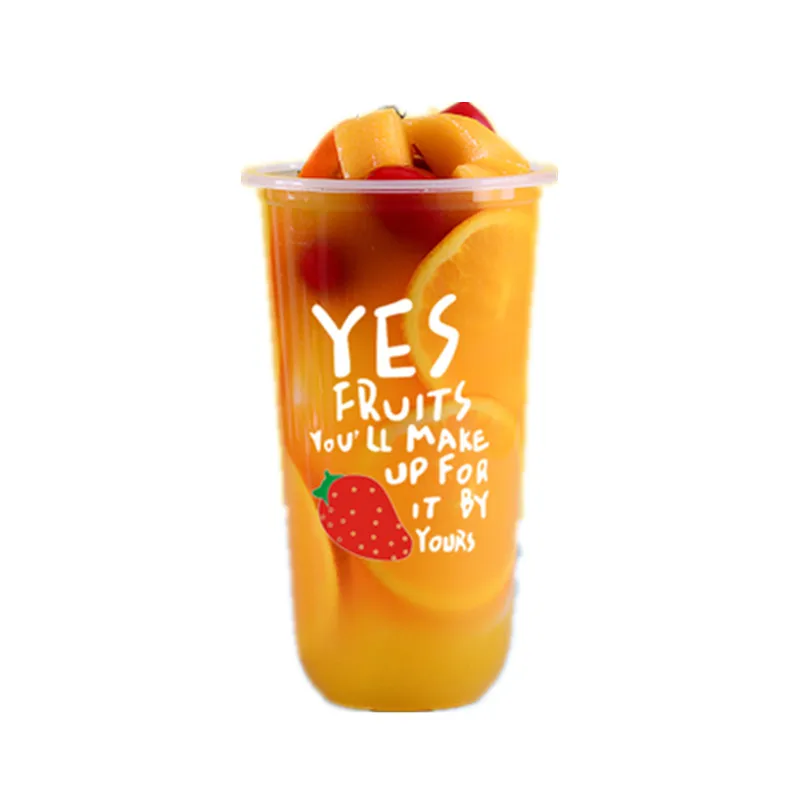 

50pcs Creative strawberry pineapple pattern party favor beverage plastic cup 500ml cute U shape disposable tea cup with lids