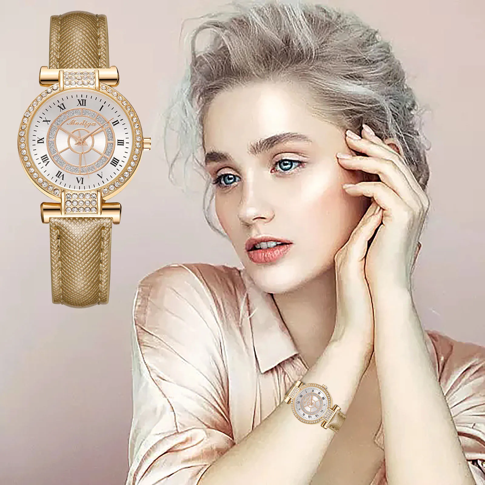 

MODIYA Top Trendy Fashion Rhinestone Roman Scale Ladies Watch Faux Leather Strap Wristwatches relogio feminino Gifts For Women