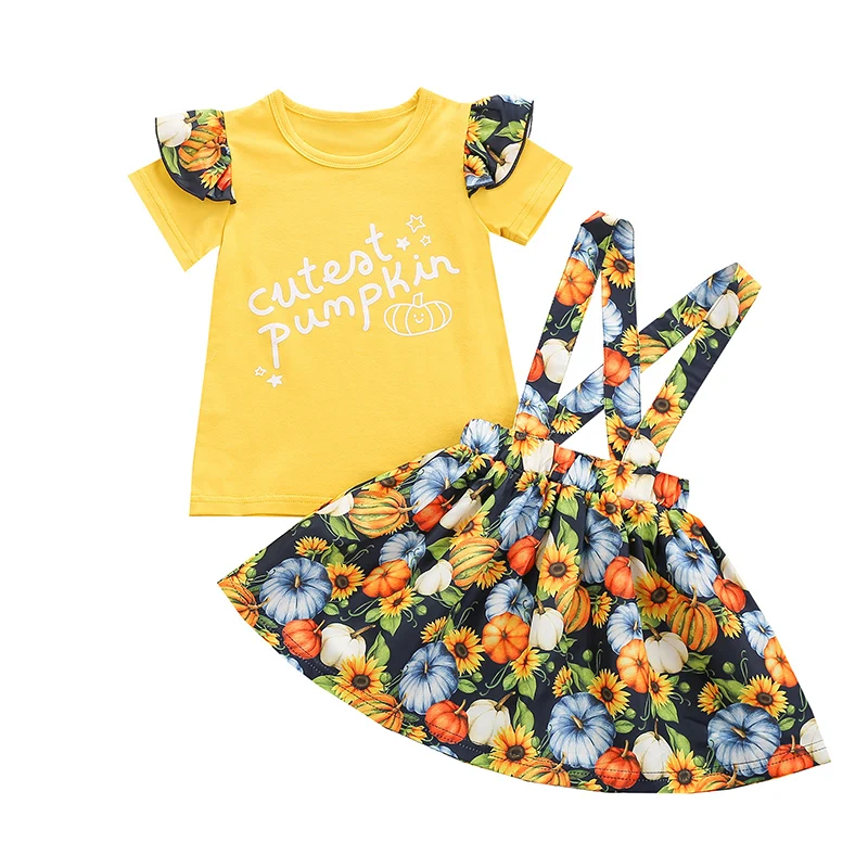 

Комплект одежды на Хэллоуин для маленьких девочек, топ с коротким рукавом и надписью, юбка на подтяжках, одежда для детей 1-6 лет, 2 шт.