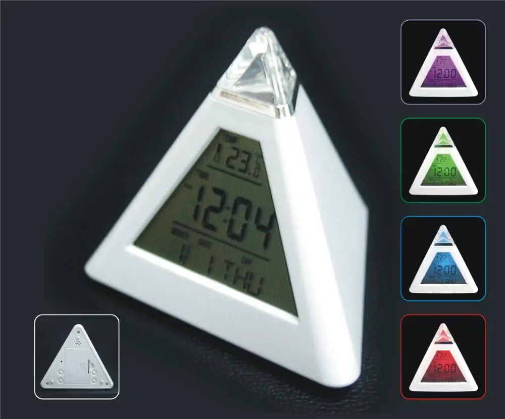 Triangle white seven-color alarm clock LED discolored creative fashion lazy decompression | Дом и сад