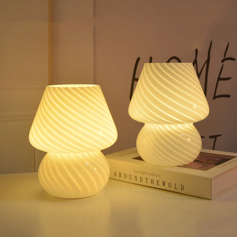 

Korea Ins Striped Glass Mushroom Table Lamp Vintage Murano Style Pleated Desk Lamp Living Room Study Bedroom Cute Bedside Lamp