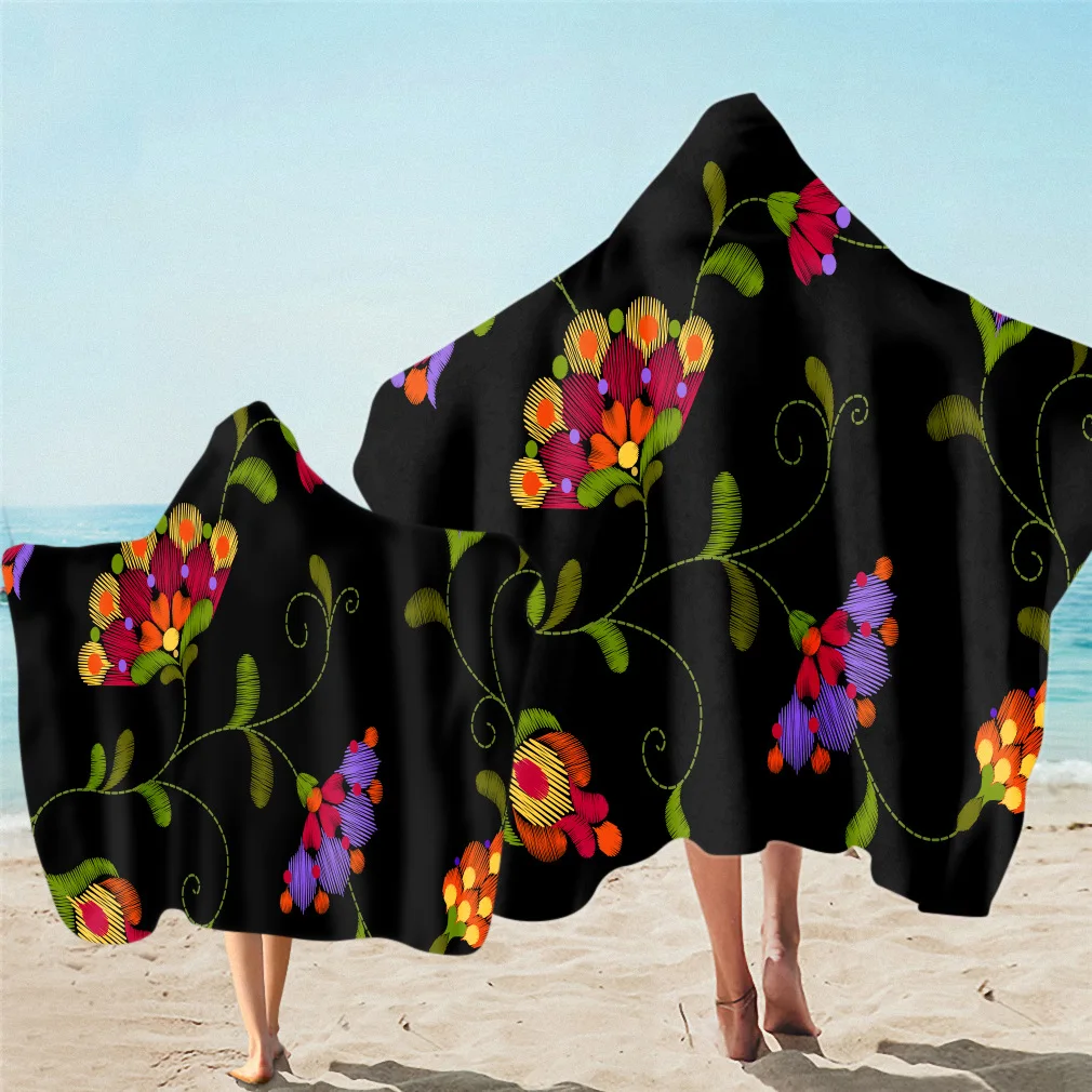 

Банное полотенце из микрофибры с цветочным узором для взрослых и детей, носимое пляжное полотенце с капюшоном