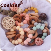 coskiss baby teether bracelet beech wooden ring teething grasping toy silicone bead toddler teether newborn diy baby gift