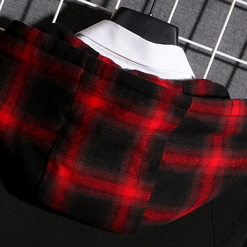 

Hoodies Men Fake 2 Pieces Ribbons Hooded Plaid Cloth High Street Pullover Sweatshirt Men Fashion Hip Pop Streetwear Hoodie Nice
