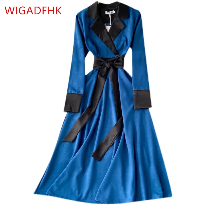 

WIGADFHK Korea Chic Feminine Vestidos Women's Elegant Office Ladies Bow Tie Waist Dress 2022 New Over-the-knee Long Skirt