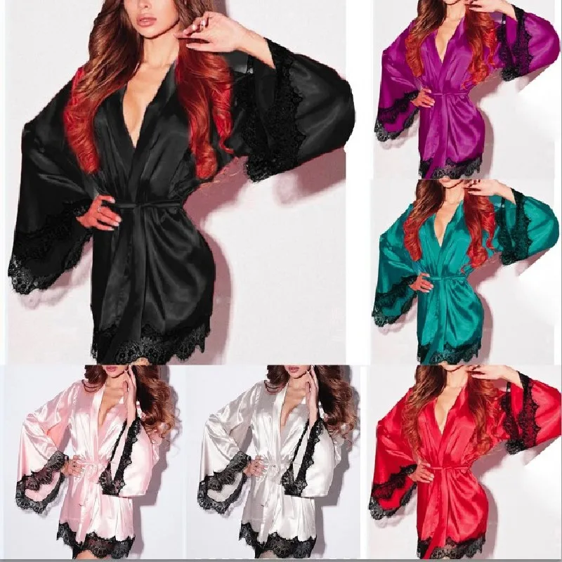 Халат женский Шелковый эротический пикантный халат кимоно с длинным рукавом
