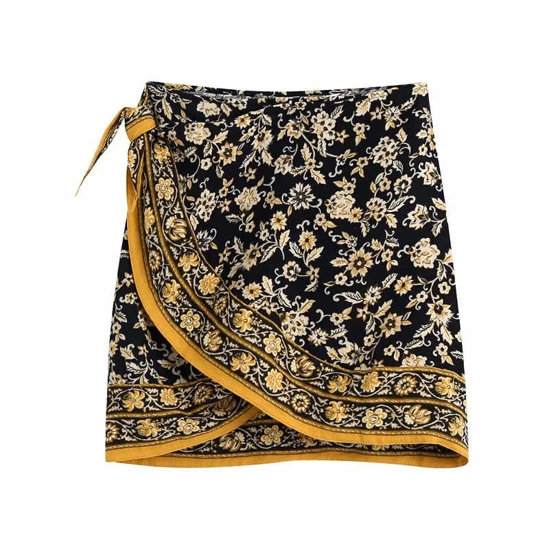 

PUWD Sexy Women Black Print Lacing Short Skirt 2021 Summer Elegant Ladies Irregular Floral Mini Skirts Female High Waist Skirt