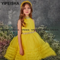 yipeisha halter yellow princess flower girl dress heavily beading knee length prom gown for baby ball gown girl pageant dresses