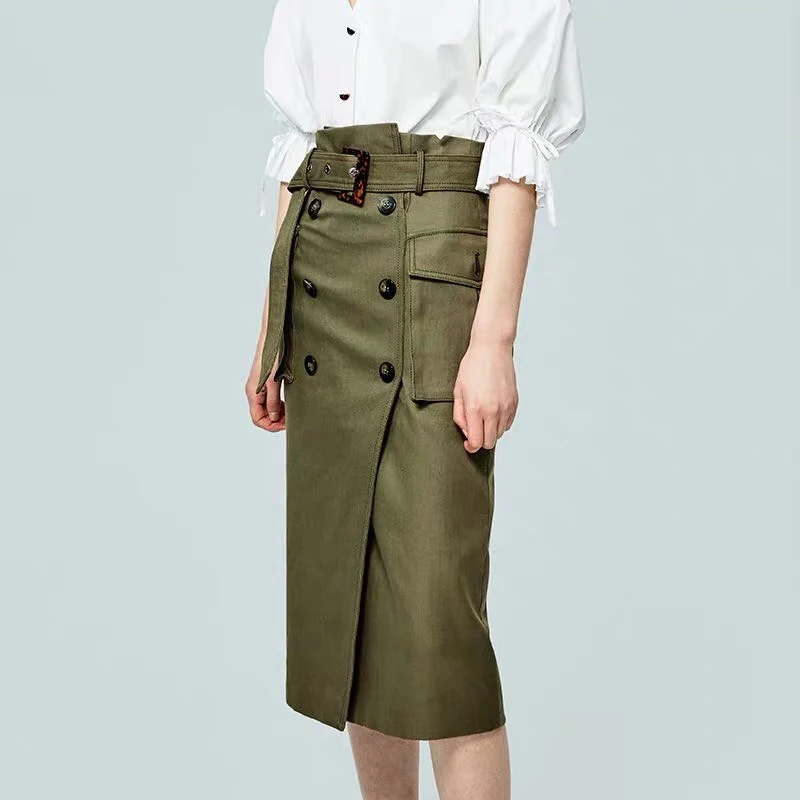 

Сафари Стиль карман 10,22 двубортное пальто с молнией сзади для женщин с поясом узкая юбка средней длины, модное, темпераментное, 2021 Новый