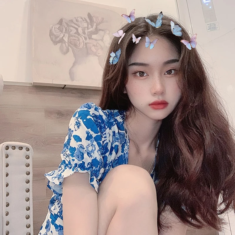 

Design Sense Blue and White Porcelain Printed Lace-up Puff Sleeve A- line Dress 2021 Summer New Small Midi Dress