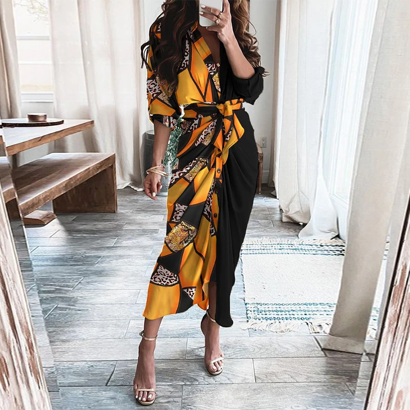 

Женское длинное вечернее платье, элегантное винтажное пляжное платье на пуговицах, с бандажным V-образным вырезом, со складками, для осени, ...