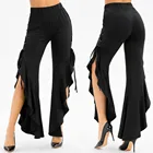 Модные Женские однотонные расклешенные длинные брюки с разрезом сбоку на шнуровке с оборками и высокой талией брюки с карманами Женские панталоны # p3