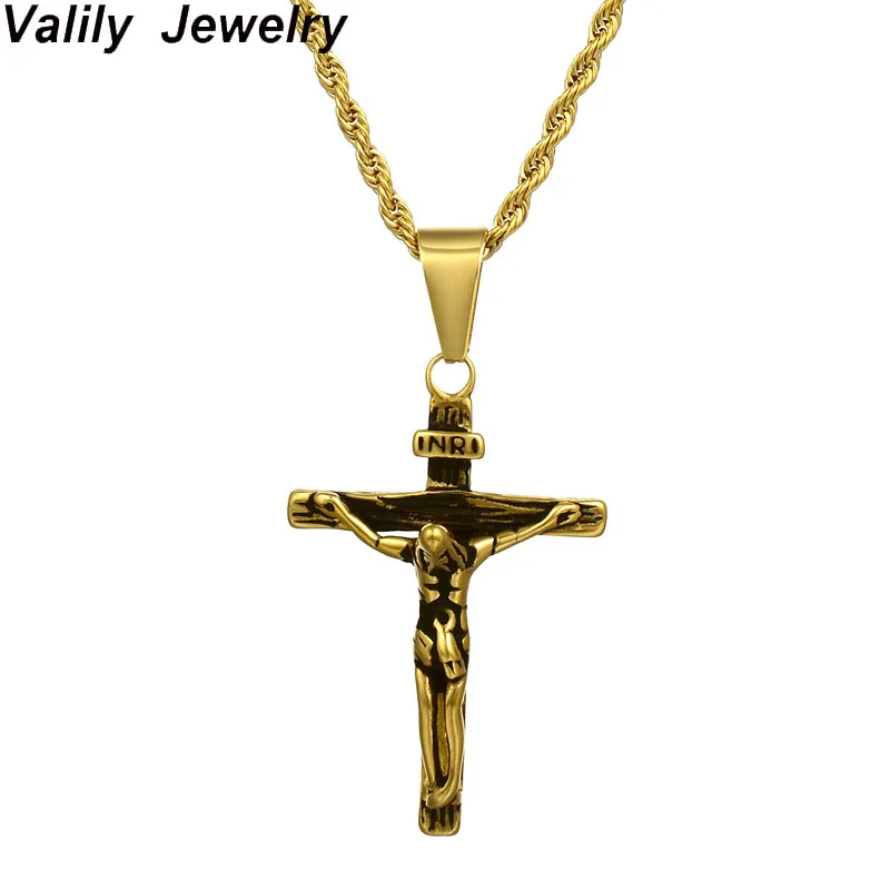 Нержавеющая сталь золото Цвет INRI Jesus частей крест кулон& Цепочки и ожерелья посеребрянное ожерелье для Для мужчин подарок Винтаж ювелирные украшения с христианской символикой