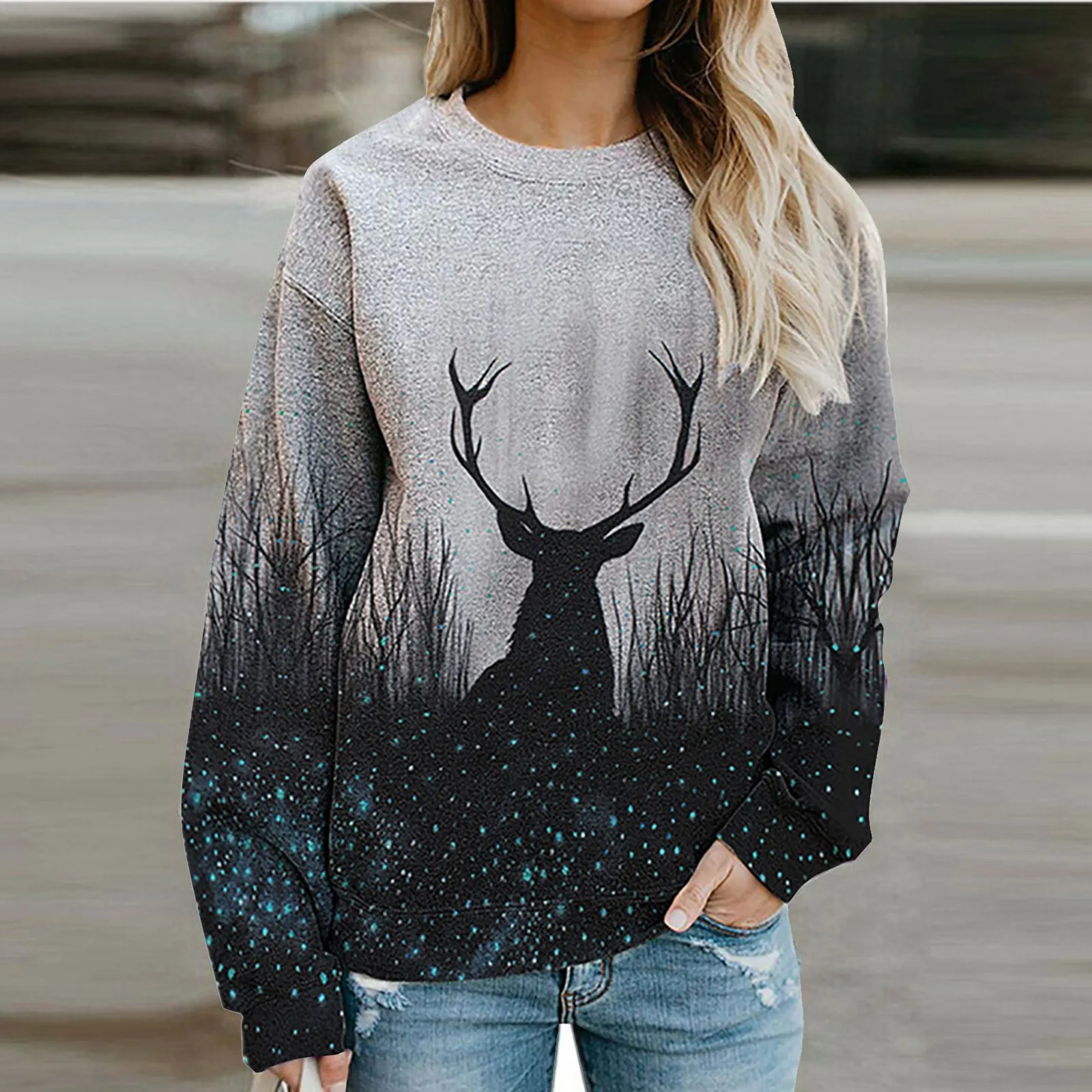 

2021 Women's print loose-sleeved long-sleeved top with a round collar