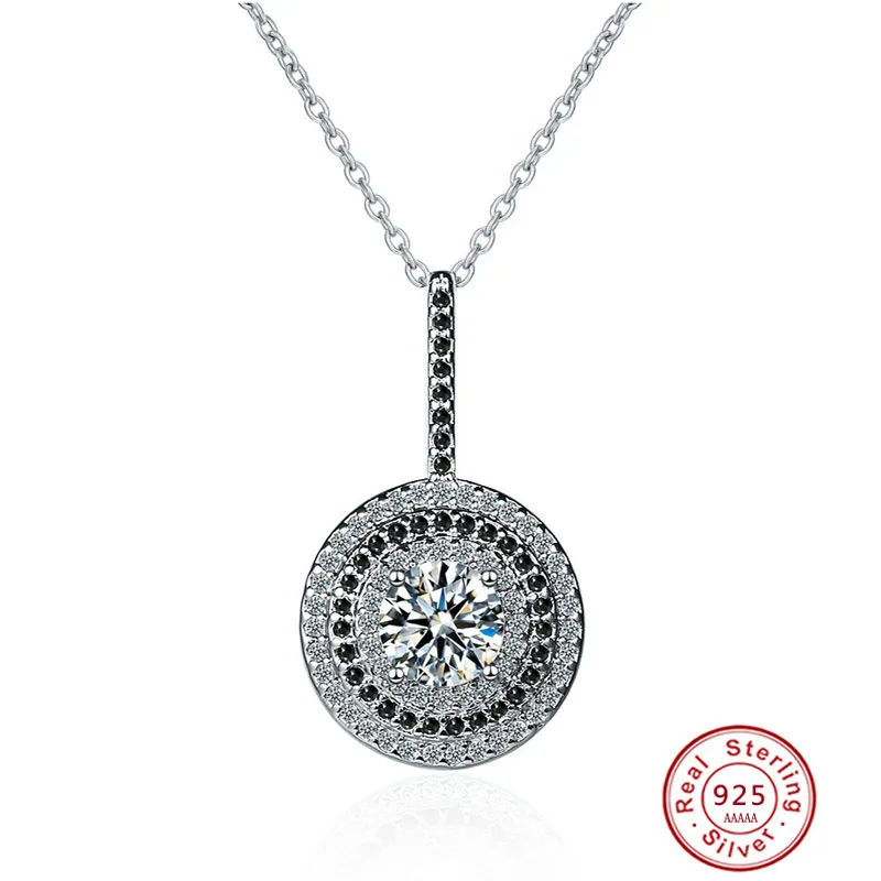 

Solid 100% Silver Color Women's Necklace Wedding Fine Jewelry Round Bijoux Black Spinel Pendants Necklace With Silver Color
