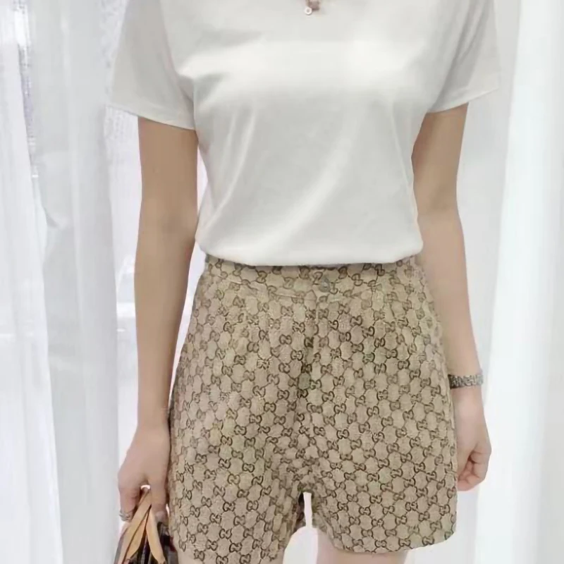 

Fashionable Women Casual Summer T-shirt Wide Leg Pants Suit Brand Design Women's Elastic Waist Shorts + Short Sleeve T Shirt