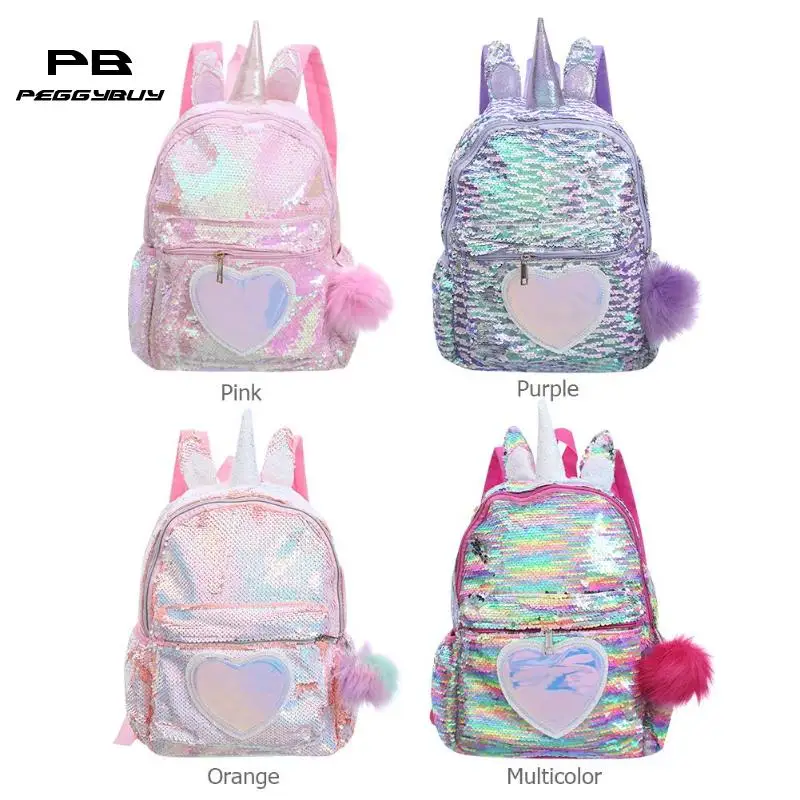 Cute Heart Sequins Travel Backpacks Kids Girls Glitter Shoulder Schoolbag