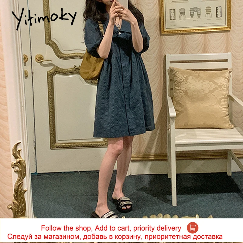 

Yitimoky Vintage Woman Dress Ruched 2021 Summer Fashion Puff Short Sleever Loose Elegant Out Wear Mini Solid Short Dresses