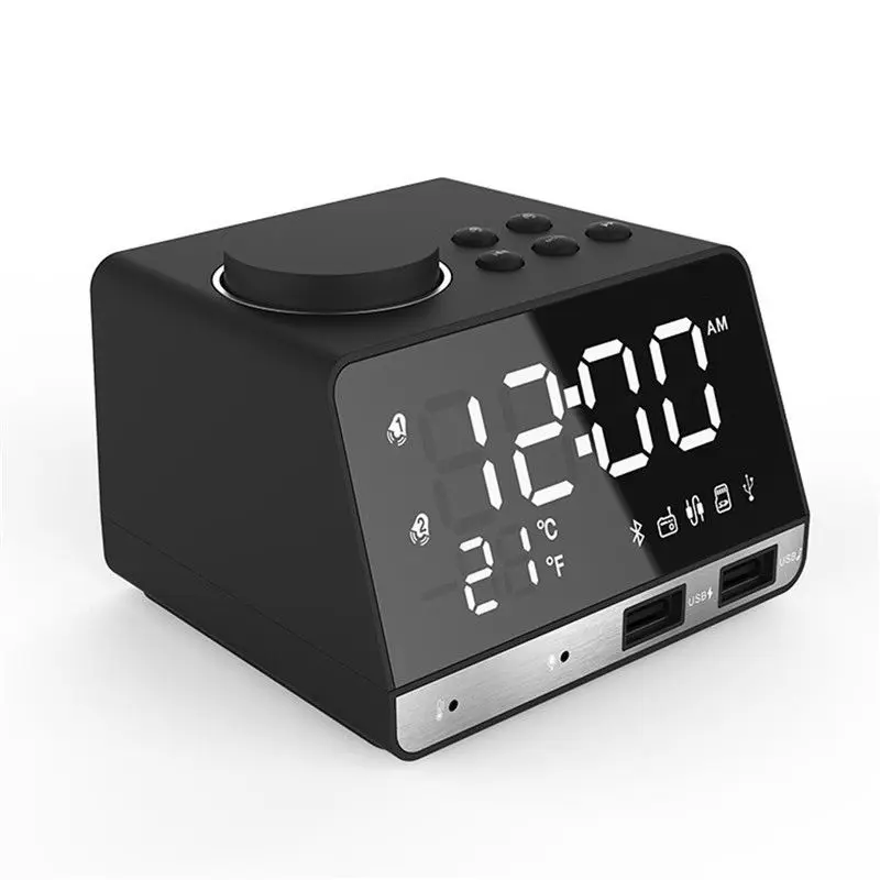Black СВЕТОДИОДНЫЙ цифровой двойной будильник, зеркальные часы, беспроводной bluetooth, бас-динамик, fm-радио+ 2 порта USB, зарядное устройство, музыкальный плеер, Повтор температуры - Цвет: Black