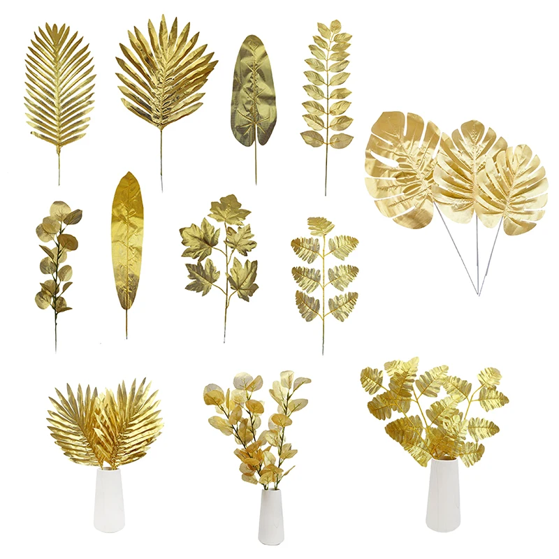 5Pcs Gold Artificial Monstera Tropical Plam Tree Leaves DIY Wedding Birthday Party Supplies Home Garden Decoration Fake Plants
