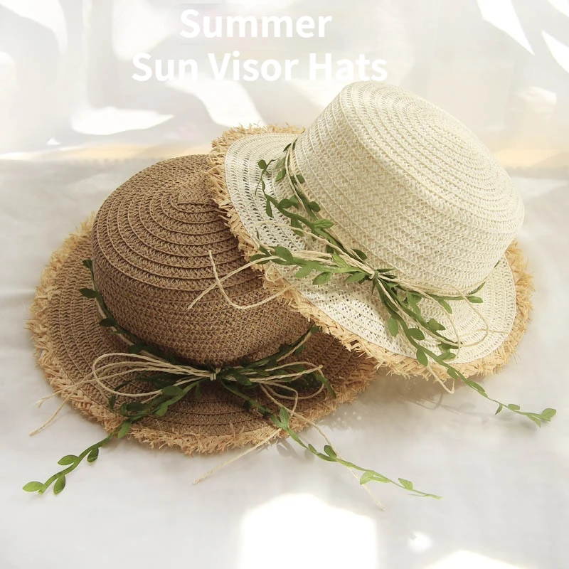 

Summer straw hat Sun Visor Hats For Women Elegant Flat Top hat kids hat women Wide Brim Panama Beach Straw Bucket Hat Shade Cap