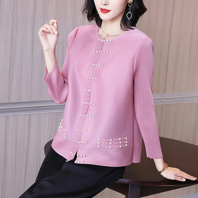 

TVVOVVIN Spring 2021 New Women's Loose Cardigan Coat Solid Color O-neck Pleated Beading All-match Jacket 4VJC