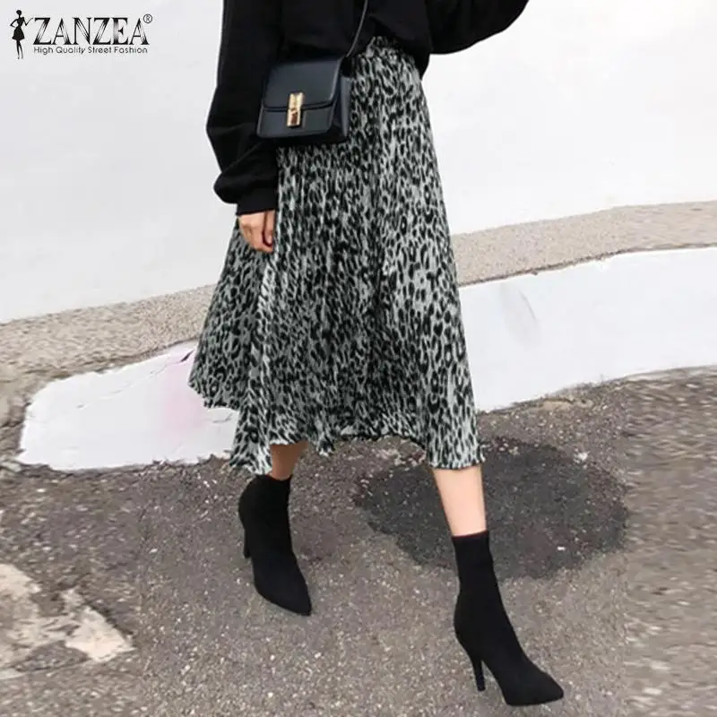 Юбка ZANZEA Женская средней длины с леопардовым принтом модная повседневная