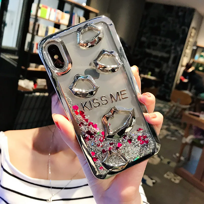 Чехол зыбучие пески с динамической жидкостью 3D Поцелуй меня для iPhone X 8 Xs Max Xr