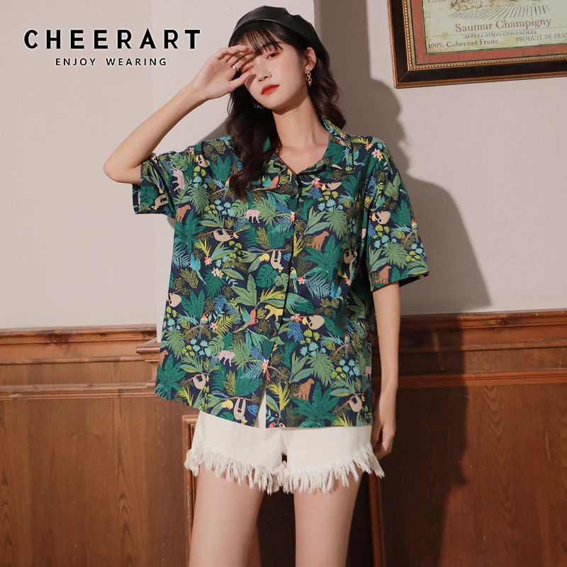 Женская гавайская рубашка CHEERART зеленая блузка с цветочным принтом летний топ
