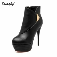 brangdy women pumps ankle boots pu leather metal buckle women high heels shoes platform round toe women thin heels shoes zipper