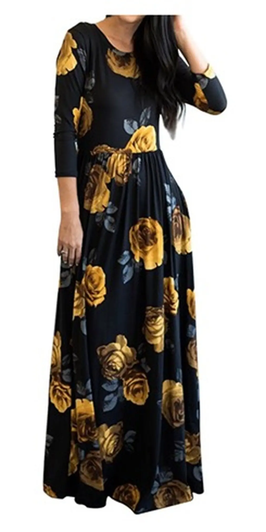 

Women Vintage Floral Print Dress Long Sleeve O Neck Pockets Empire Waist Pleated Loose Casual Mid-calf Vestidos Maxi Dress