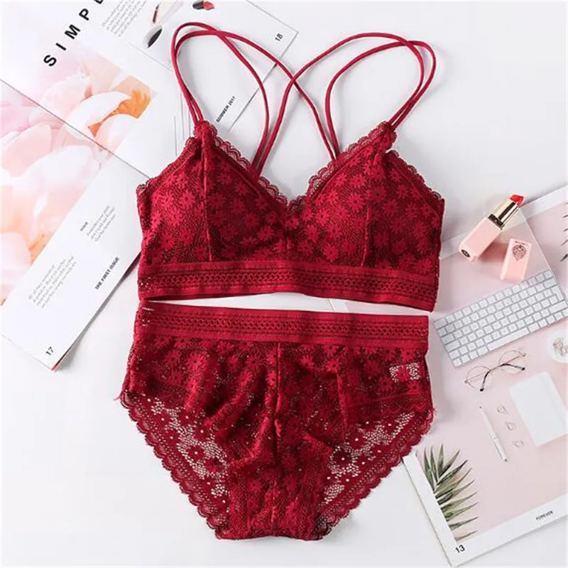 

Sexy Lace Bra Briefs Set Women French Style Bralette Seamless Underwear Set Wirefree Fashion Soft Cup Small Chest Lingerie