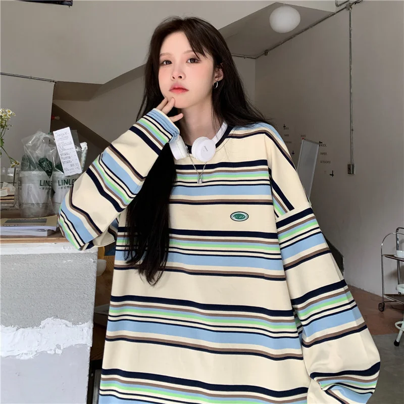 

Retro Hong Kong Style Chic American Striped Sweater Women's Loose BF Idle Style Ins Thin Vintage Early Autumn Top