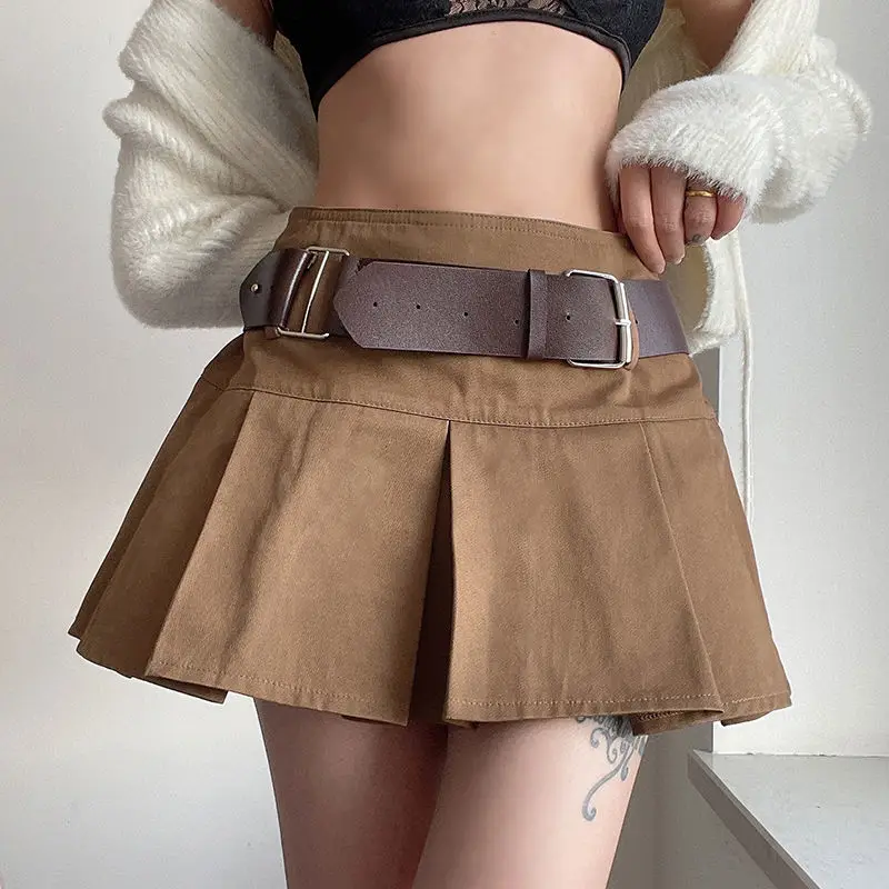 

Sexy Women Pleated Skirts With Belt Harajuku Solid High Waist Punk Skirts Summer Slim Casual Streetwear Female Short Skirts