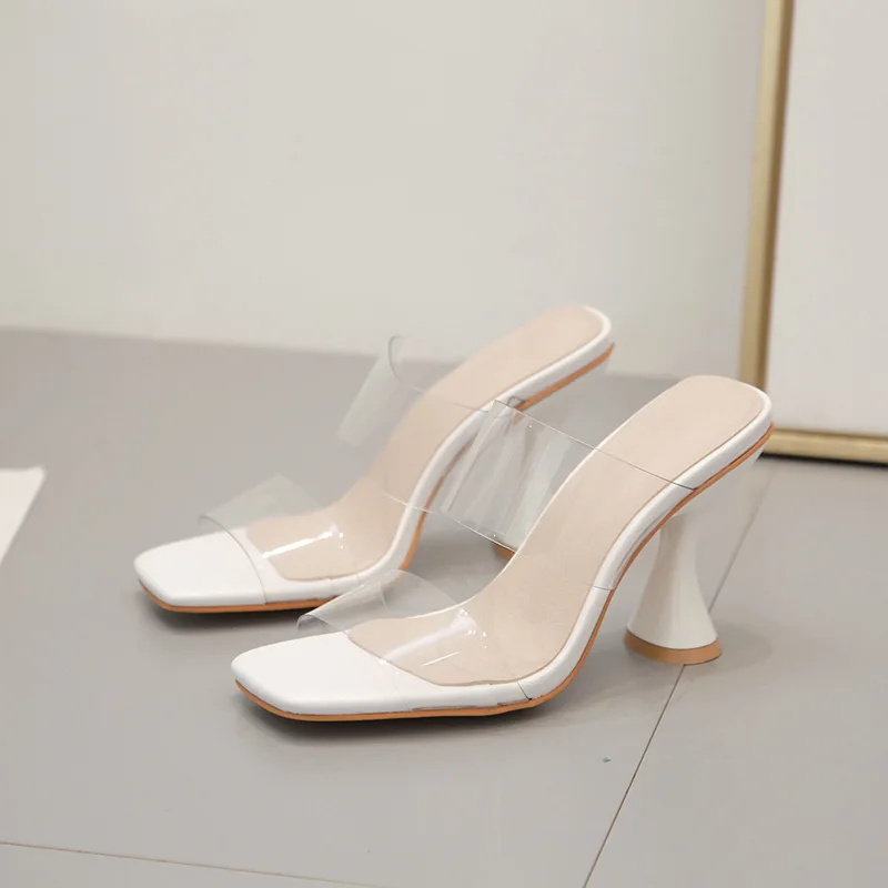 Шлепанцы женские прозрачные на высоком каблуке пляжные сандалии с узким