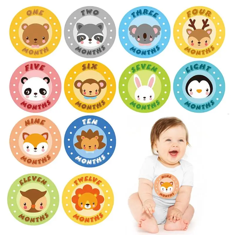 Pegatinas mensuales para beb&eacute;, pegatinas de animales para el primer a&ntilde;o, mes de edad, hitos de crecimiento, Unisex, de 1 a 12 meses-1