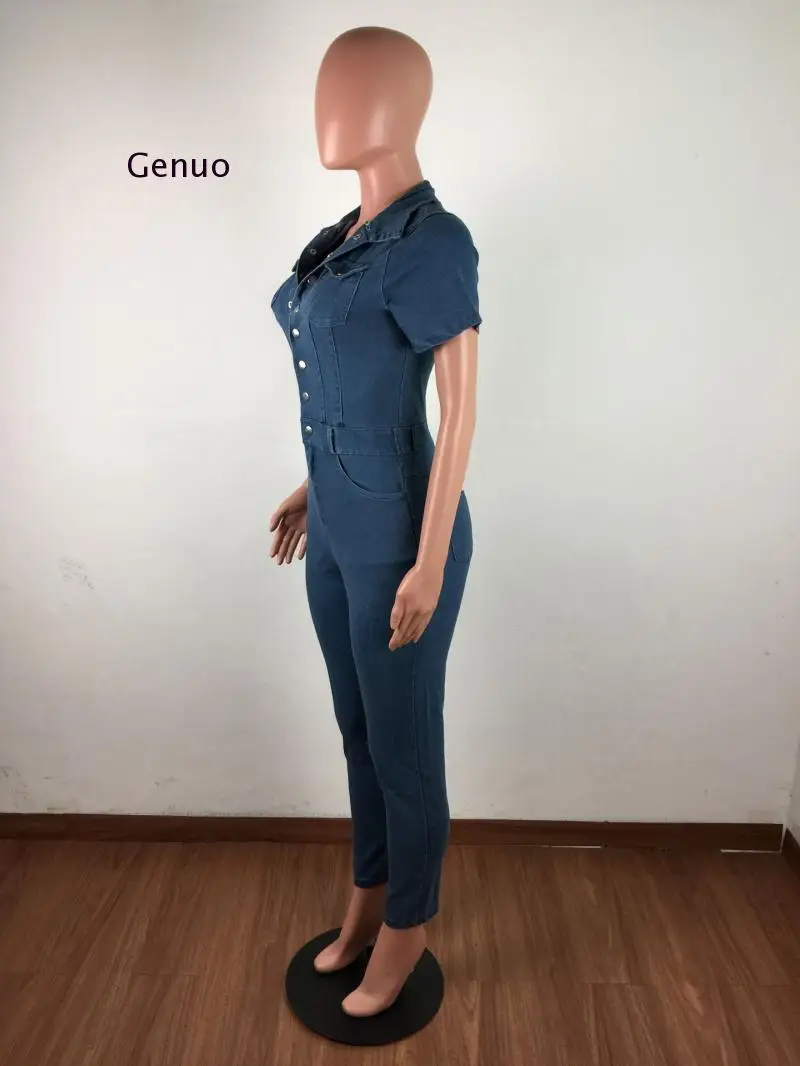 

Summer Casual Fashion Blue Denim Jumpsuit for Women Slim Short Sleeved Pencil Jeans Skinny Denim Jumpsuit Female