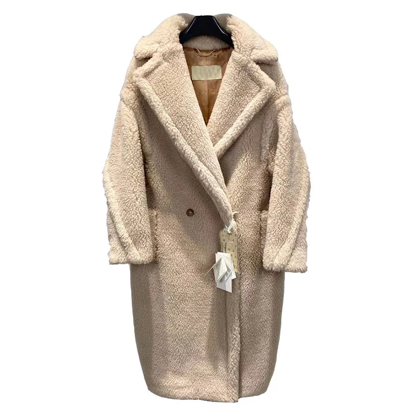 

2021Winter Beige Luxury Italian Oversized Plush Alpaca Turndown Collar Thick Warm Wool Silk Blend Premium High Quality Bear Coat