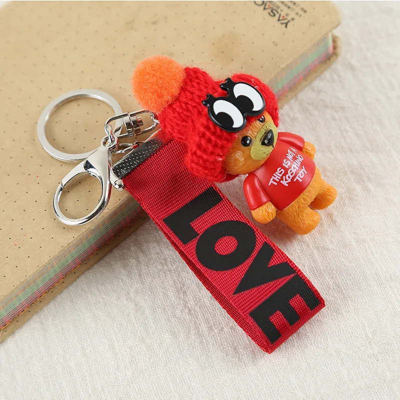

New Edition Bear Webbing Neutral Keychains Cute Teddy Bear Webbing Keyring Pendant Student Key Chain Pendant Knitted Cap Doll