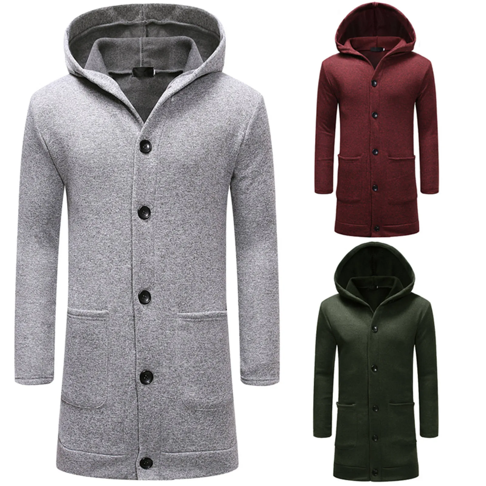 

Men's Fashion Simple Trench Overcoat Autumn&winter Solid Color Hooded Long Sleeved Lengthen Jacket Top High Quality Coat